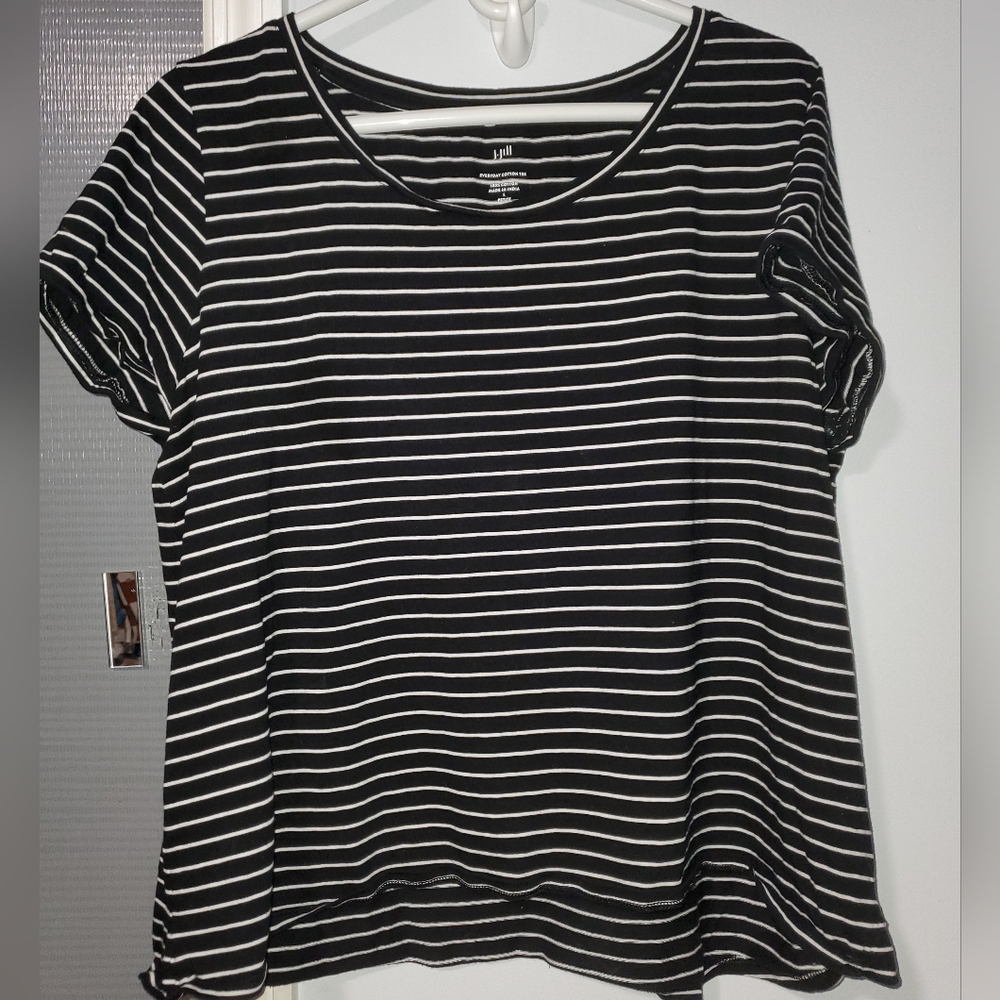 J. Jill Petite Large Black White Striped Everyday Cotton Tee Short Sleeve Casual